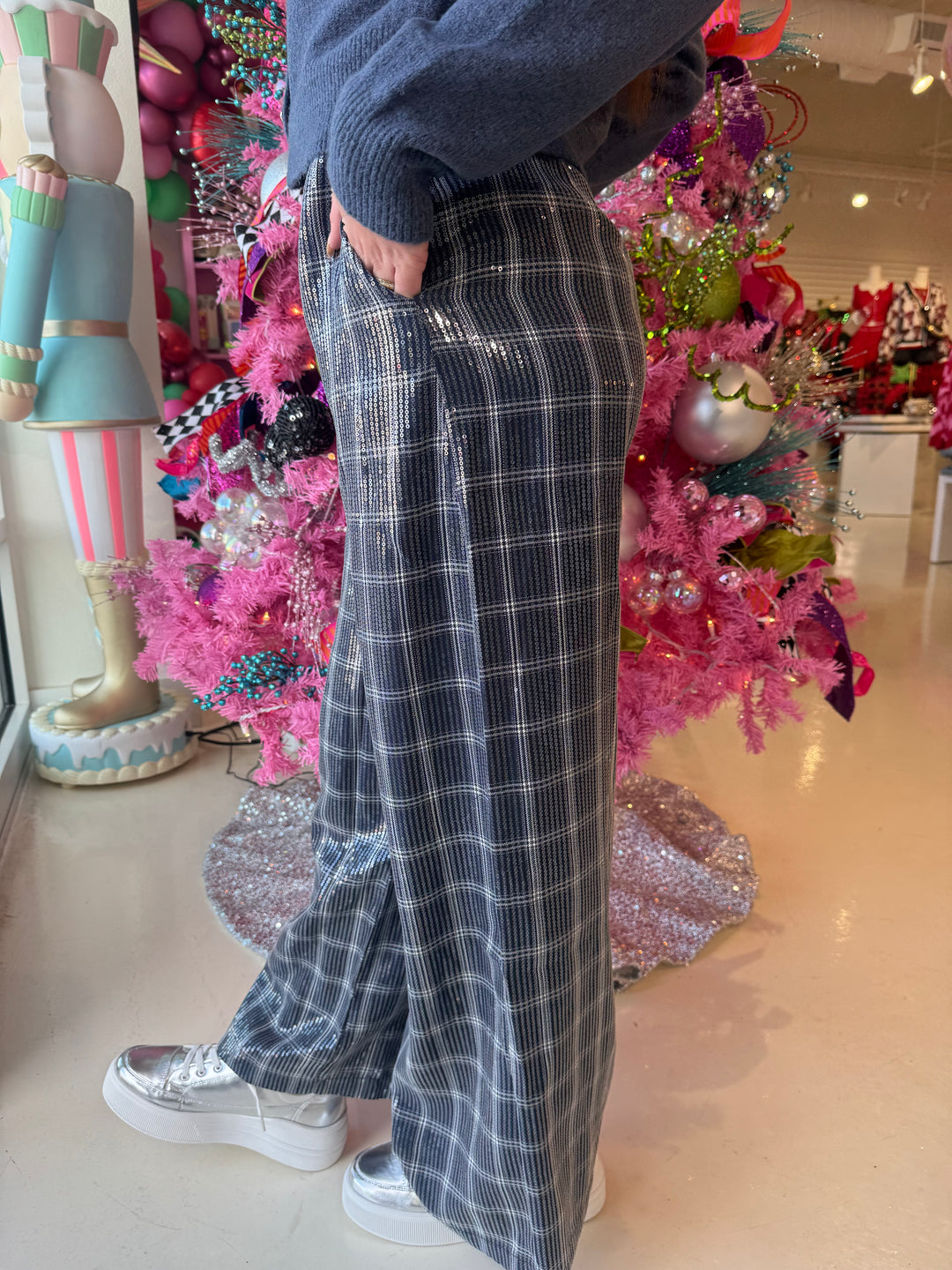 Sequin Navy Plaid Dress Pants