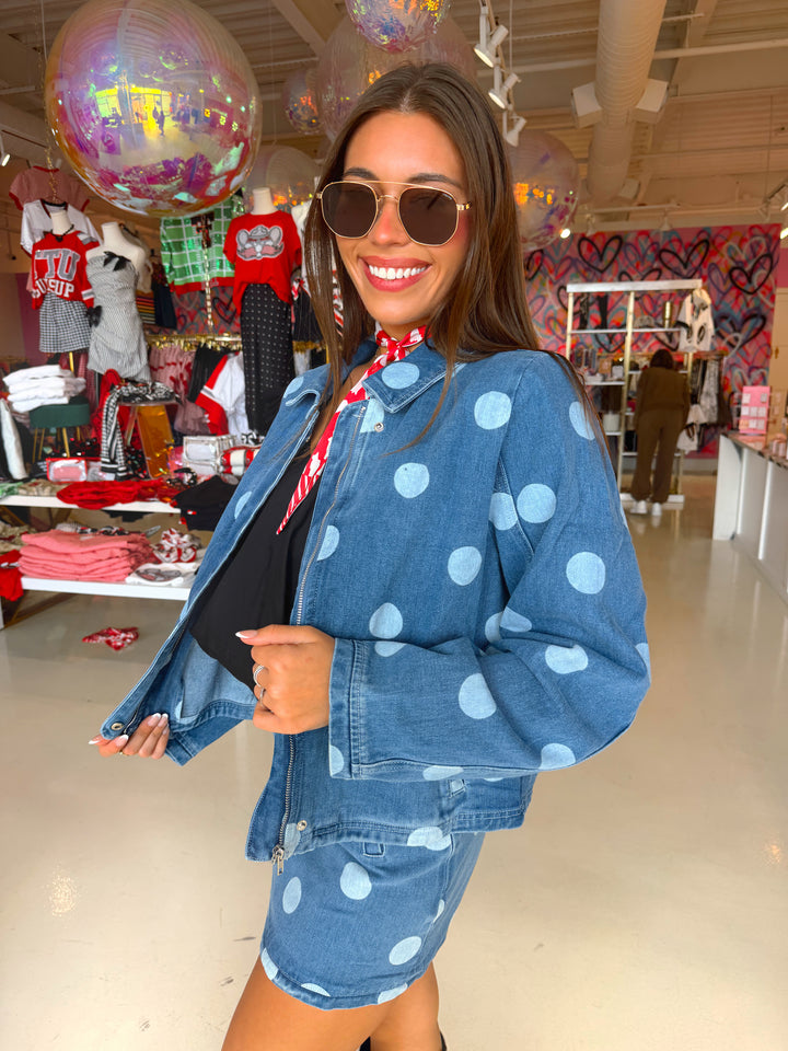 Denim Polkadot Jacket and Skirt Set