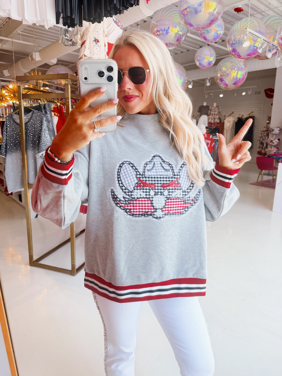 QOS Texas Tech Grey Gingham Mascot Mockneck