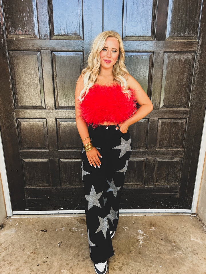 Fancy Red Feather Strapless Crop Top
