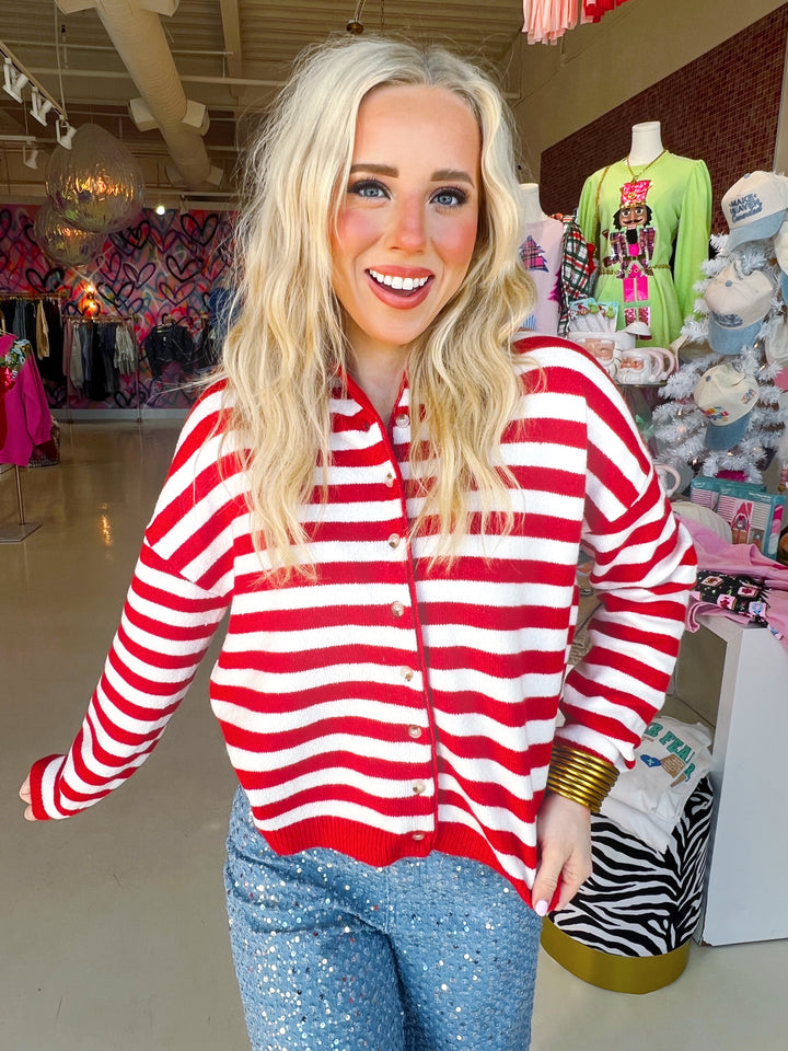 Red and White Striped Button Up
