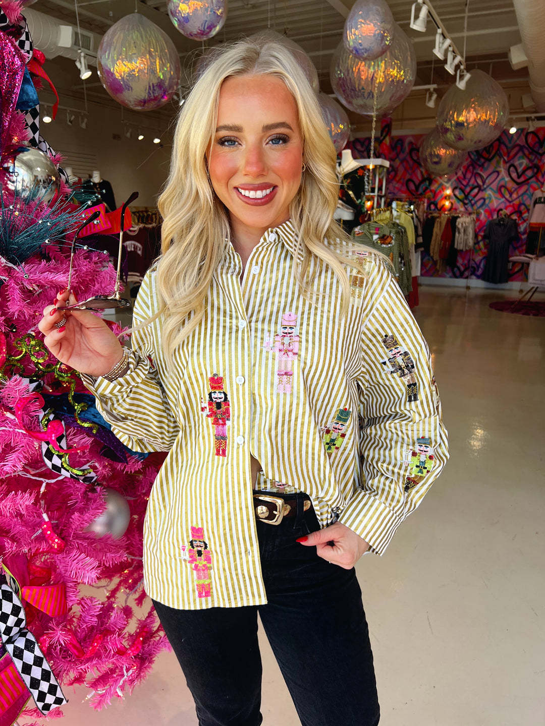 QOS Gold Metallic Stripe Nutcracker Button Up Top