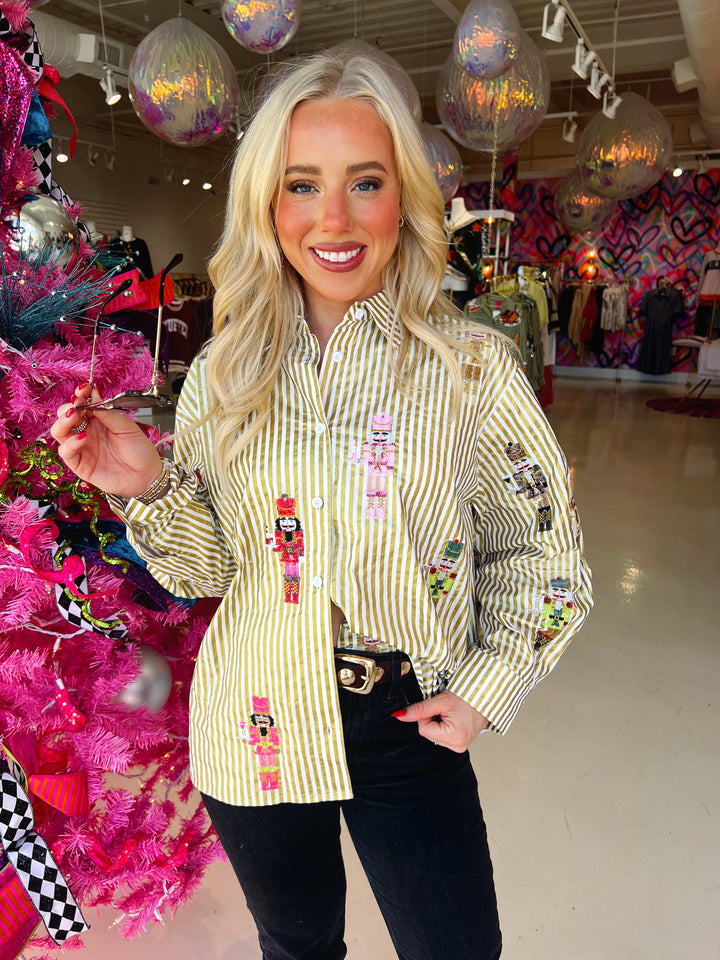 QOS Gold Metallic Stripe Nutcracker Button Up Top