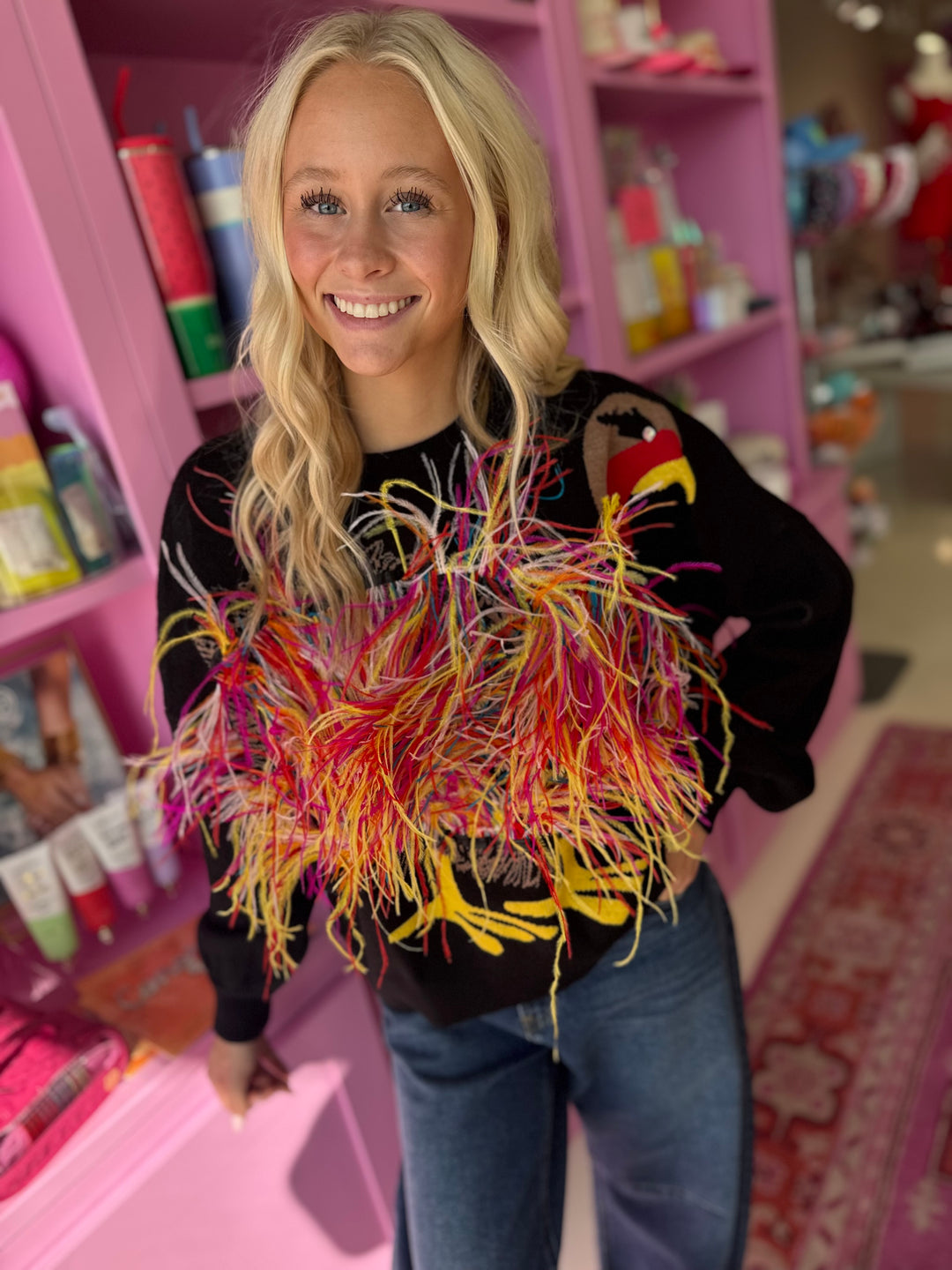 QOS Black Feather Turkey Sweater