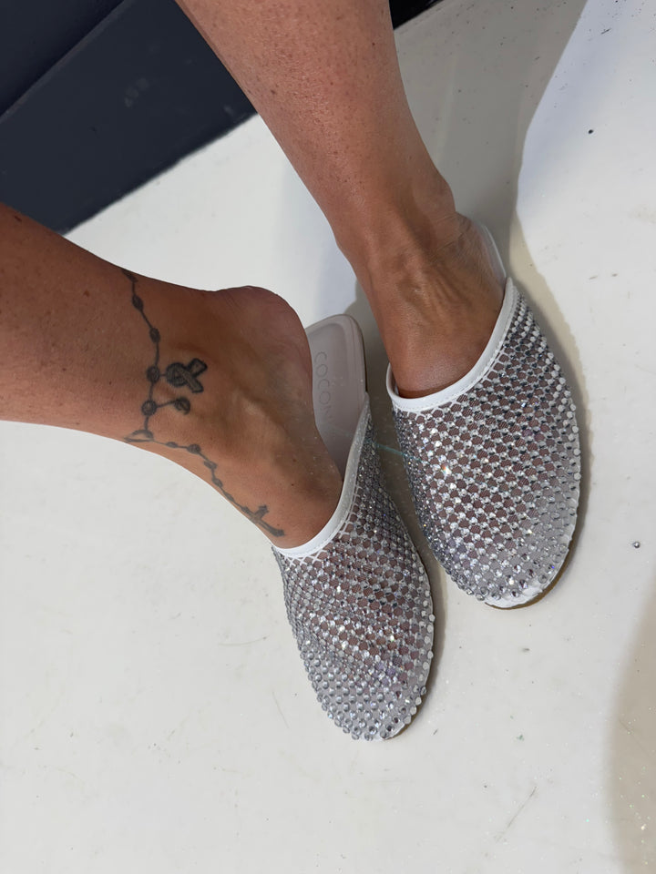 Karlie White Rhinestone Flat Mules