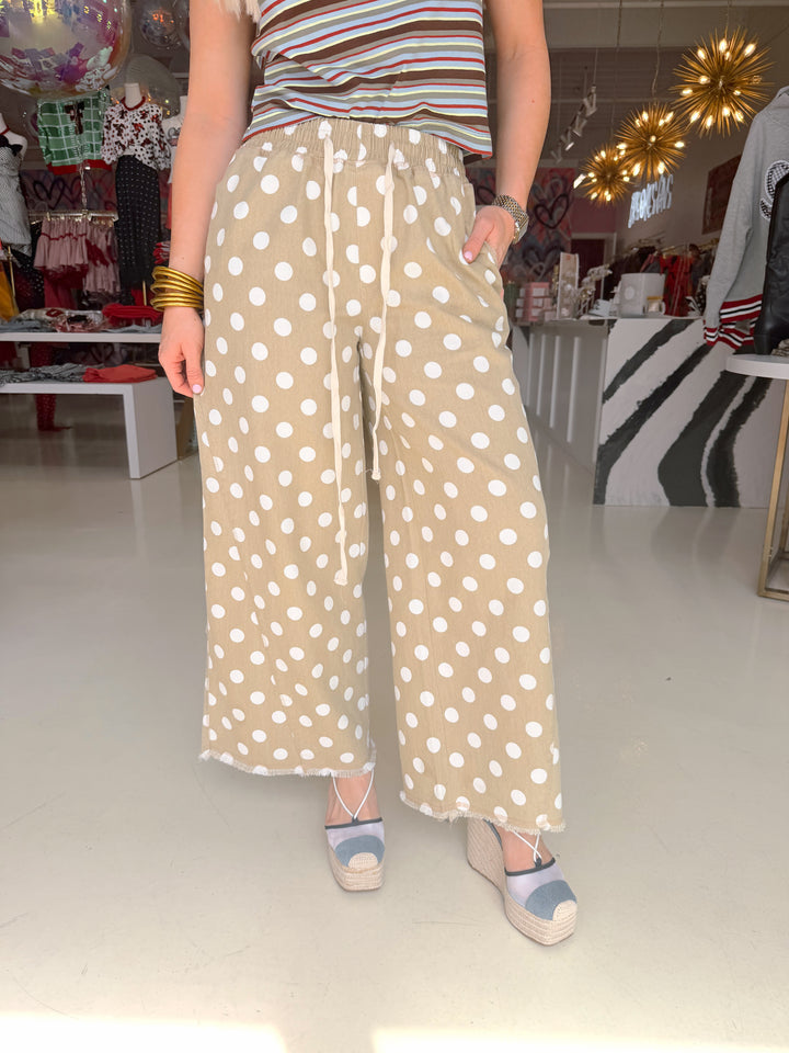 Beige Polka Dot Raw Hem Wide Leg Pant