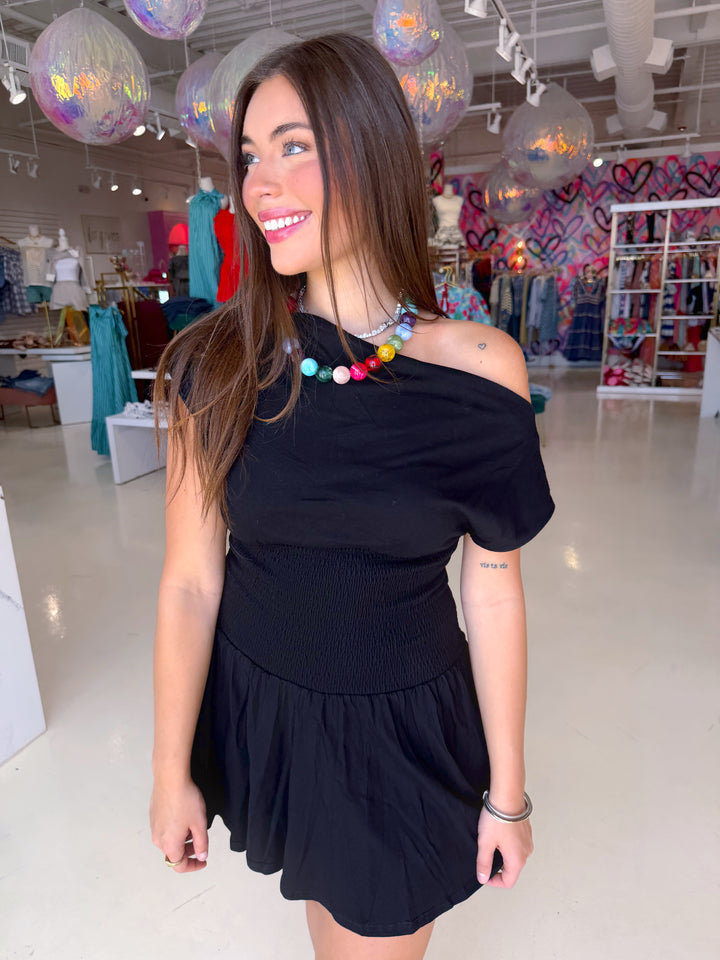 Black Off Shoulder Smoking Waist Dress