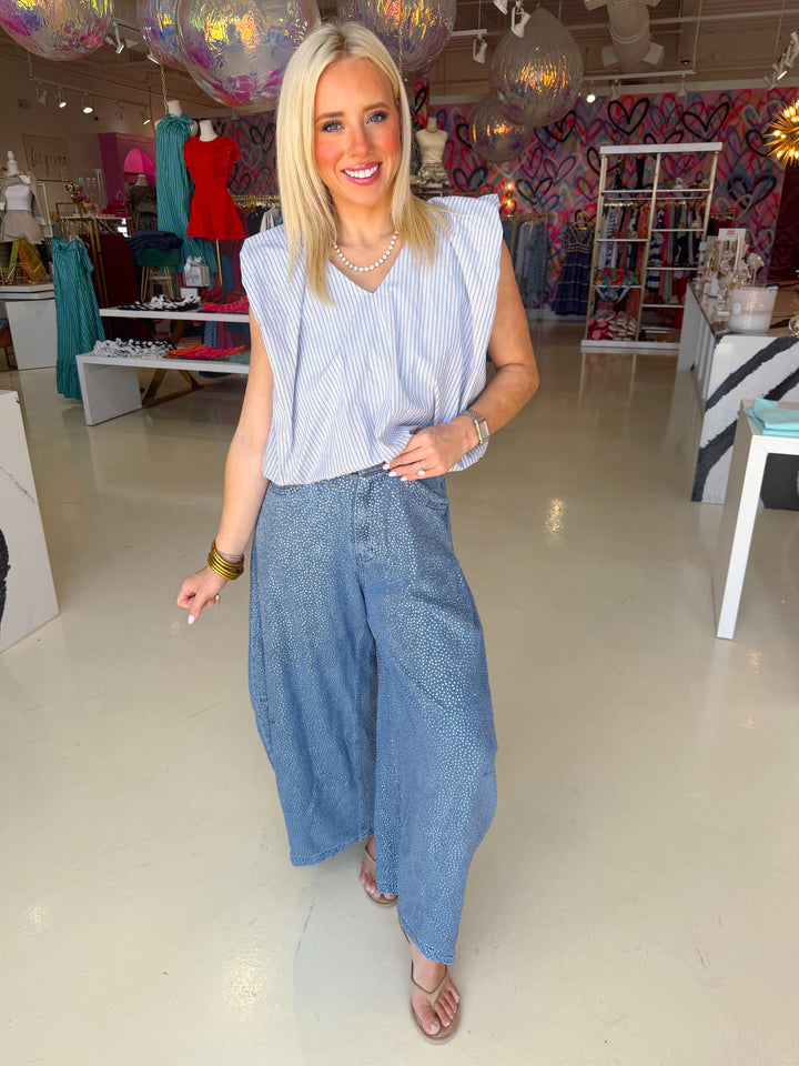 Blue & Brown Striped Poplin Bubble Top