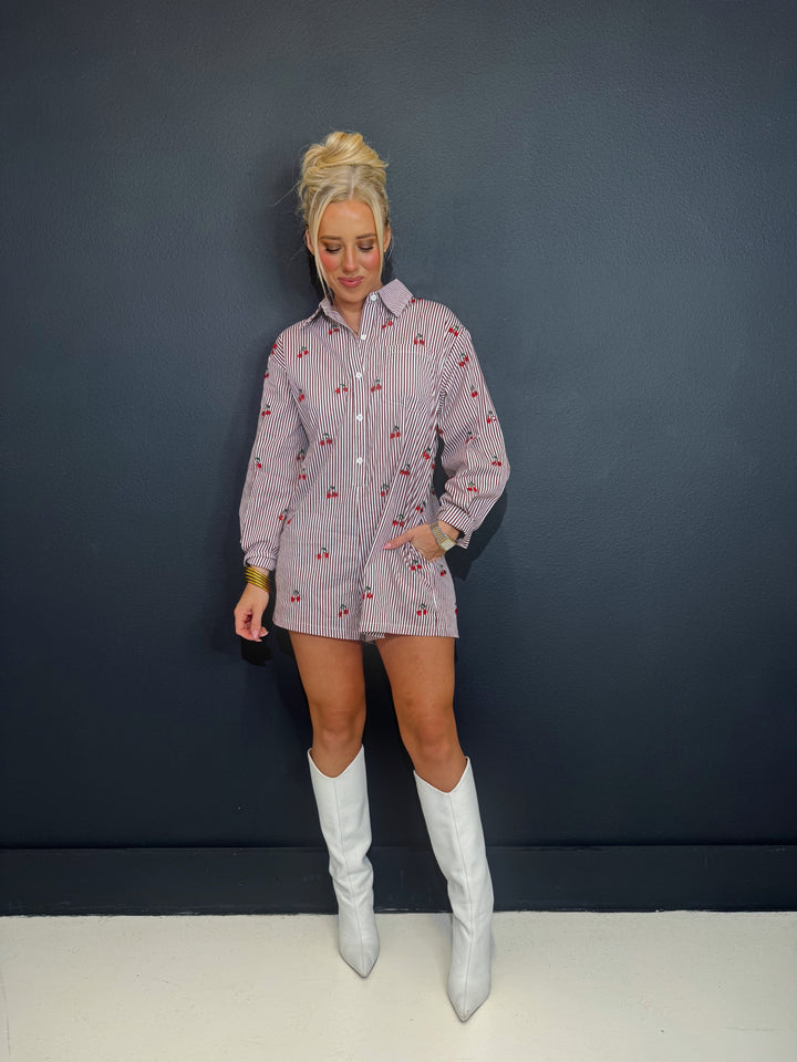 QOS Button Up Jeweled Cherry Long Sleeve Romper