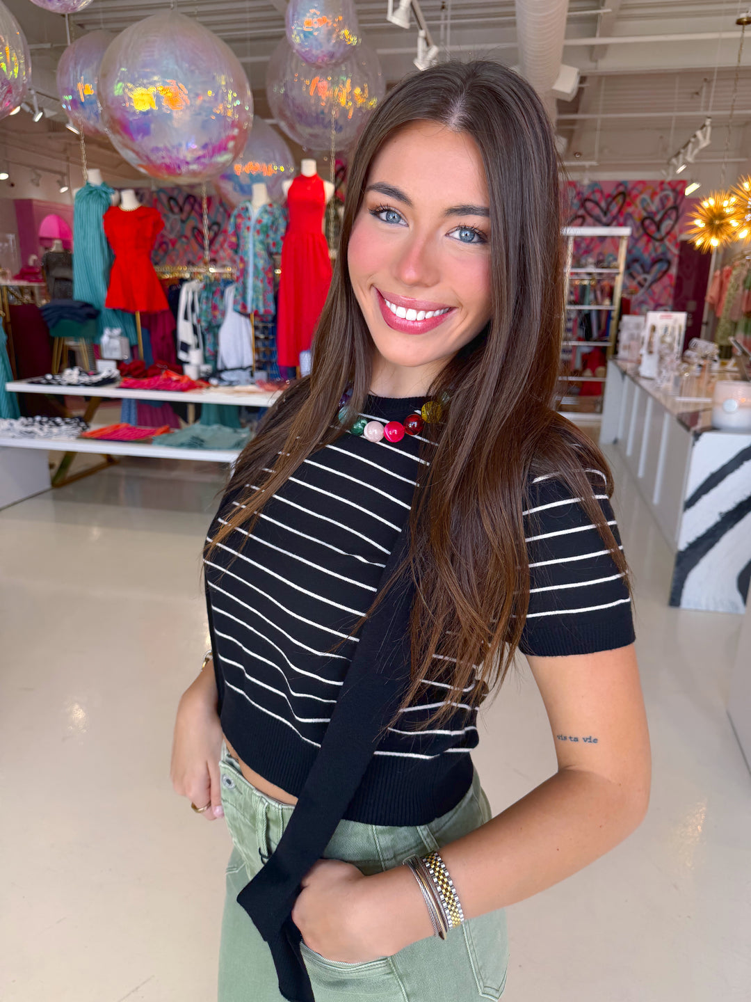 Black and White Striped Sweater Over The Shoulder Top
