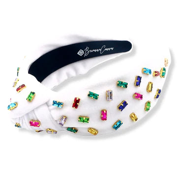 White Velvet Headband with Confetti Rainbow Crystals