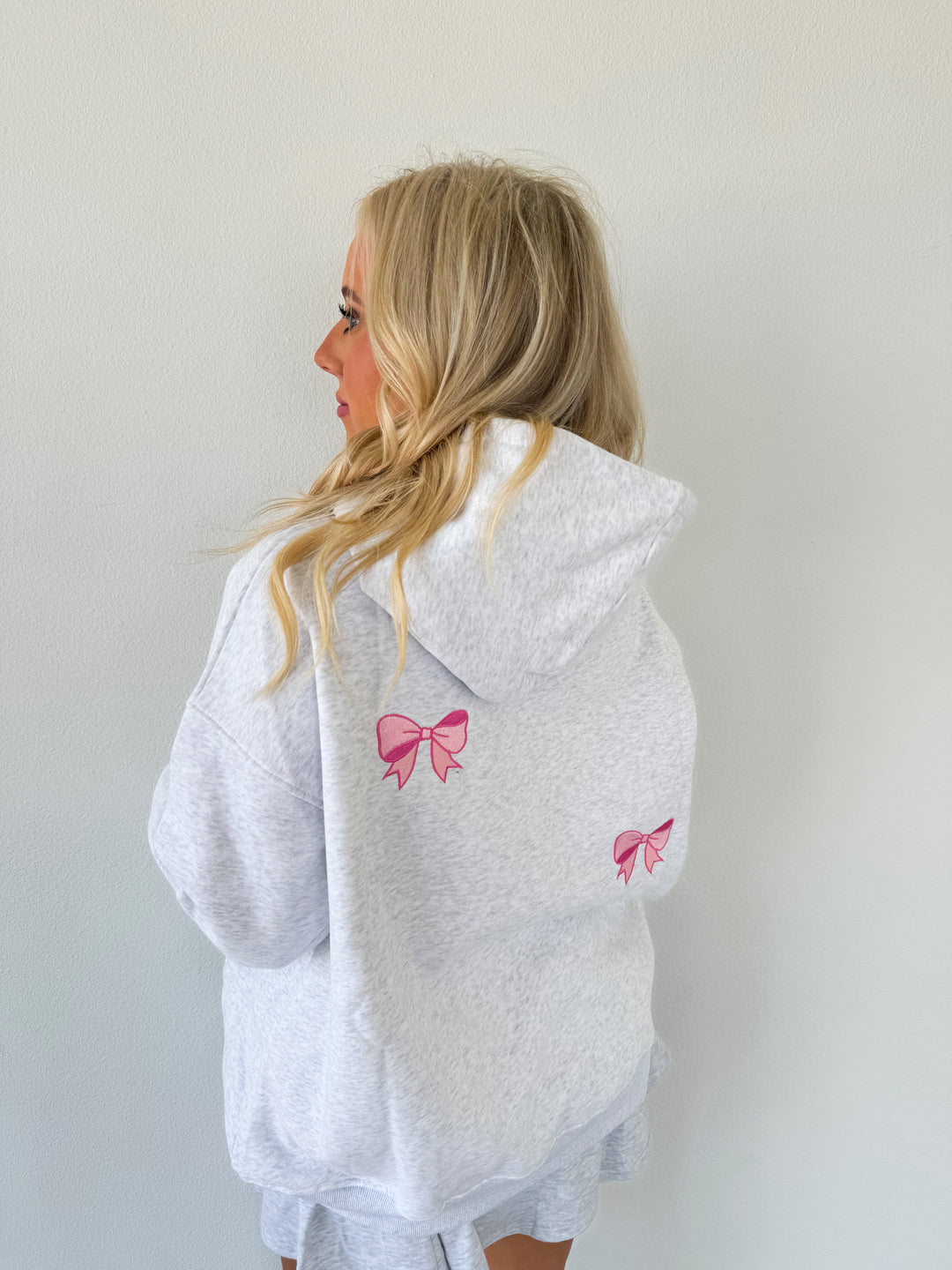 Precious Pink Bows Hoodie in Pearl Grey