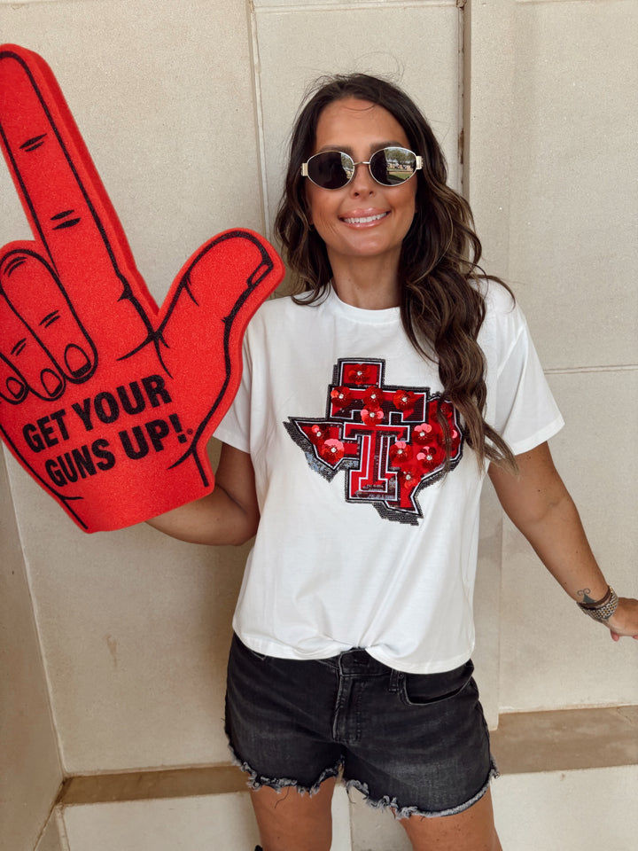 QOS Licensed Texas Tech State Sequin Flower Tee