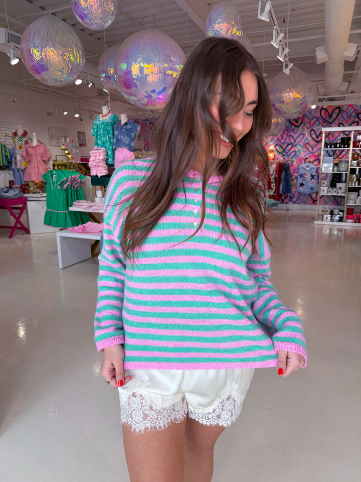 Pink Mint Stripe Half Button Sweater