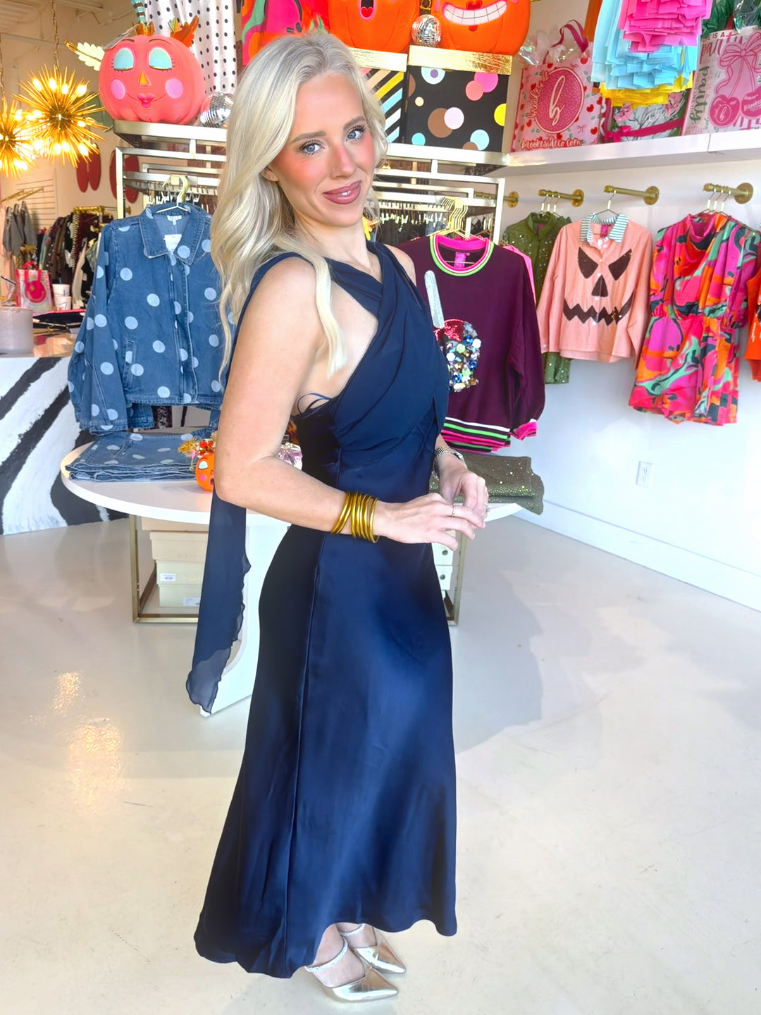 Navy Strapless Scarf Dress