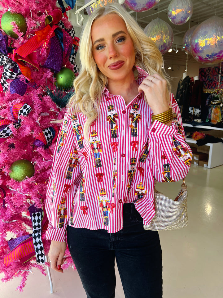 QOS Pink & Red Stripe Christmas Icon Collar Blouse