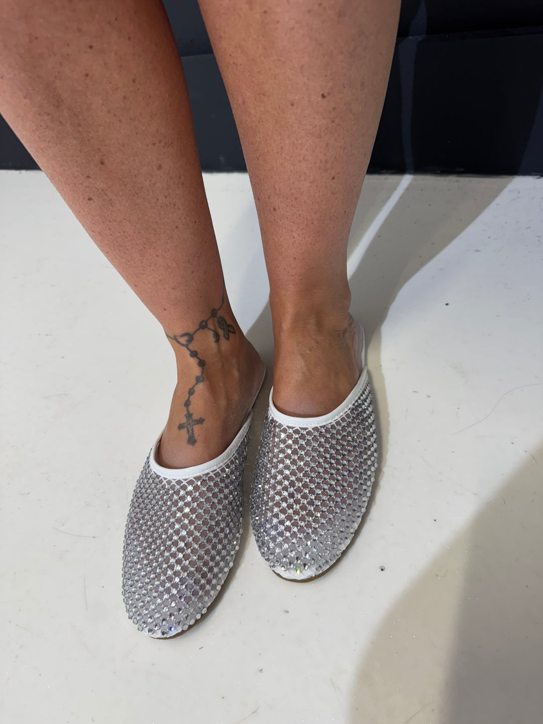 Karlie White Rhinestone Flat Mules
