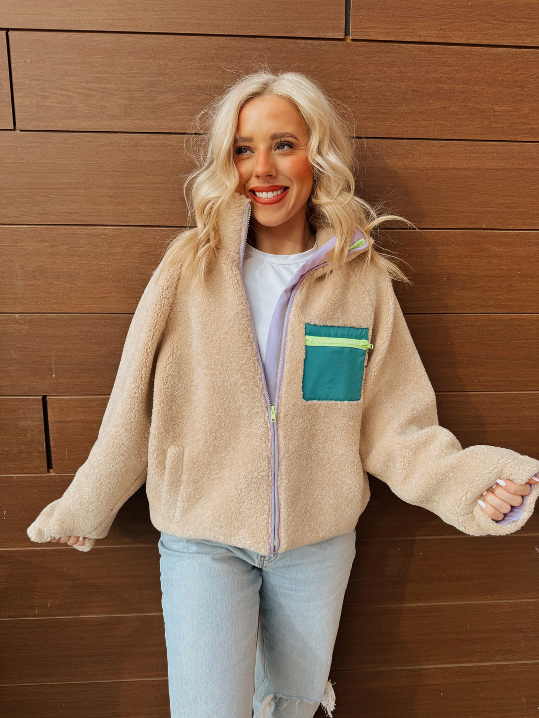 Ivory Colorblock Retro Fleece Jacket