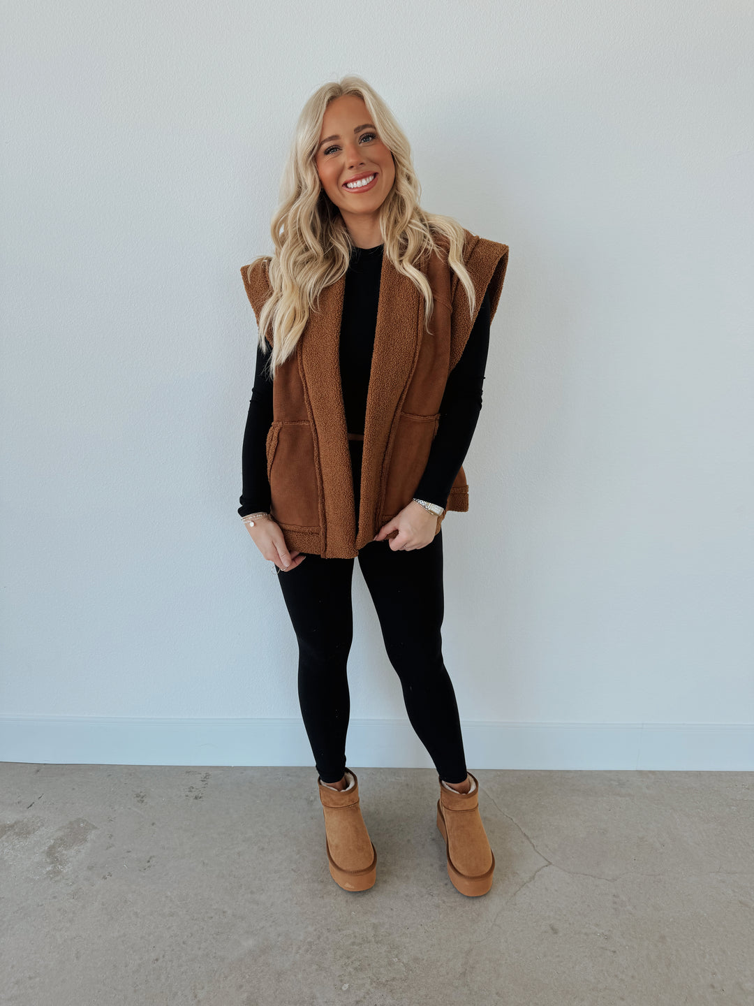 Camel Suede Oversized Open Vest