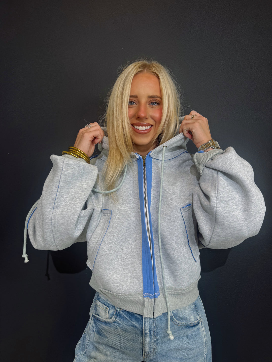 Ansley Ash Grey|Blue Zip Up Hoodie