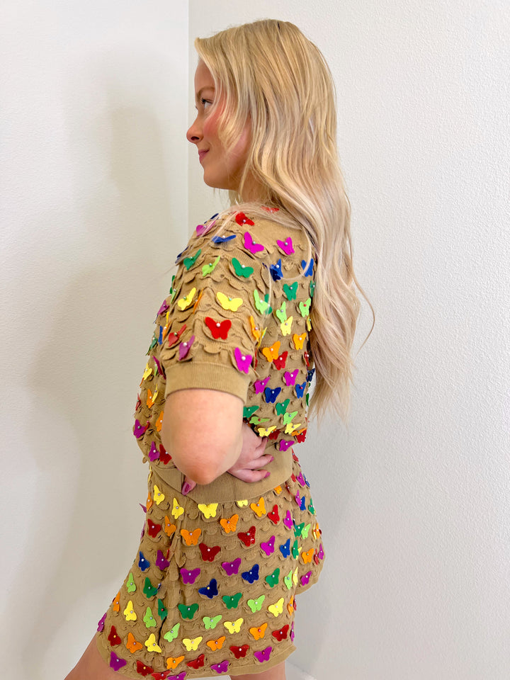 Tan & Rainbow Butterfly Pailette Skirt