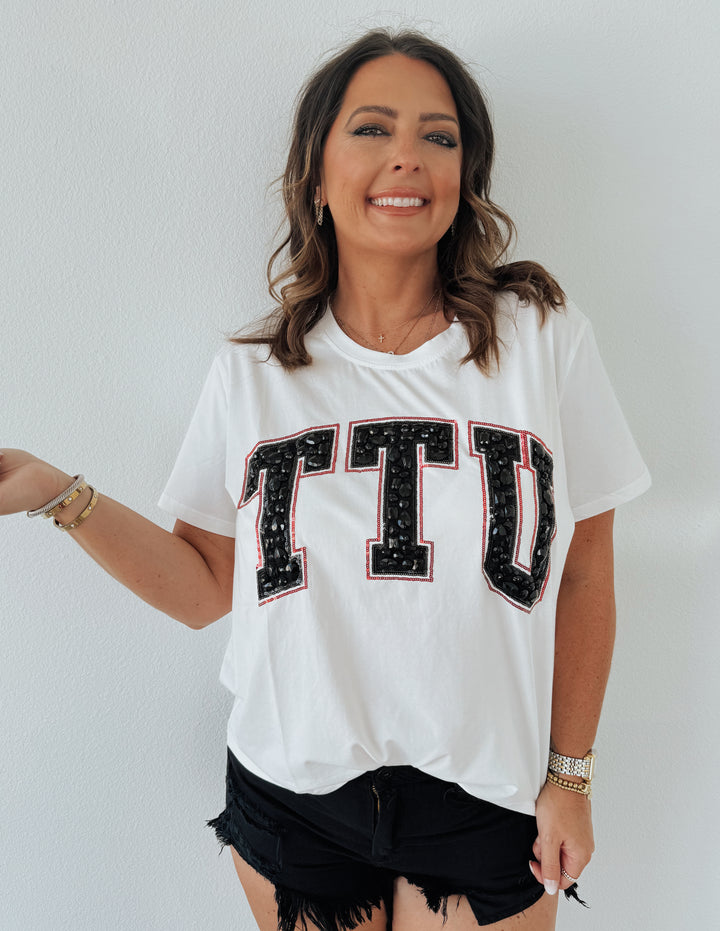 QOS White TTU Jeweled Letter Tee