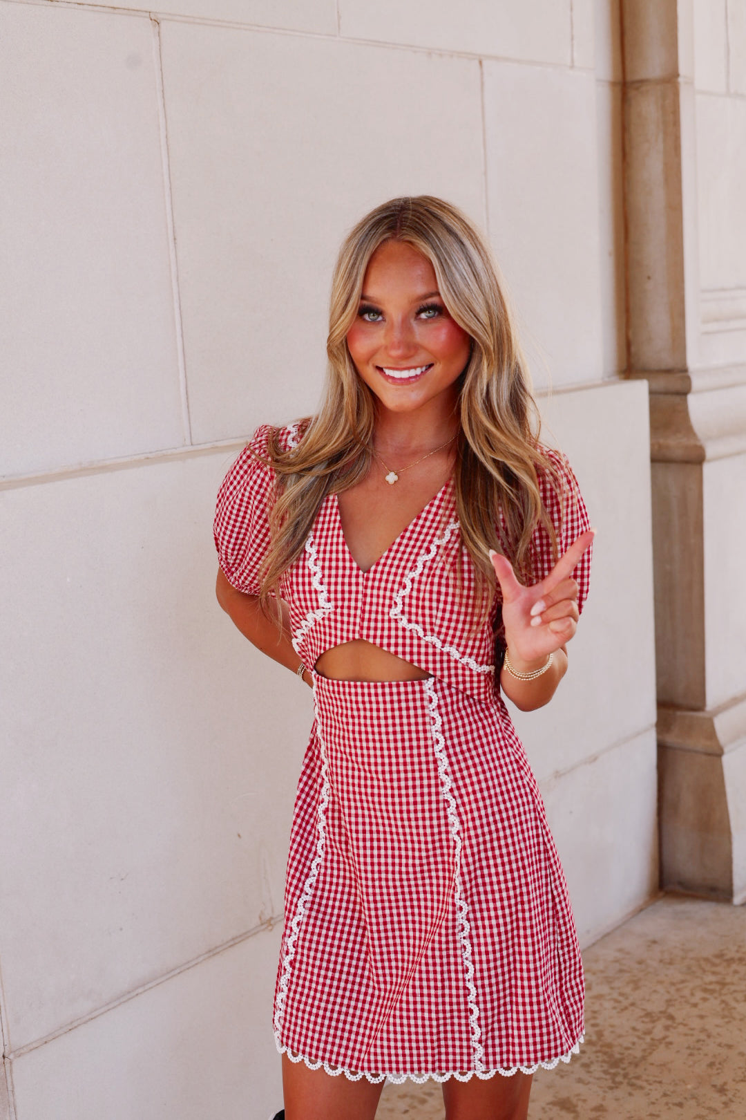 Red Gingham V Neck Mini Dress