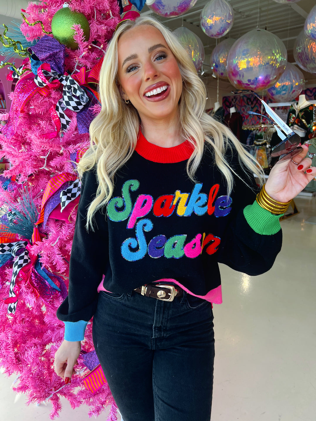 QOS Black Colorblock "Sparkle Season" Sweater