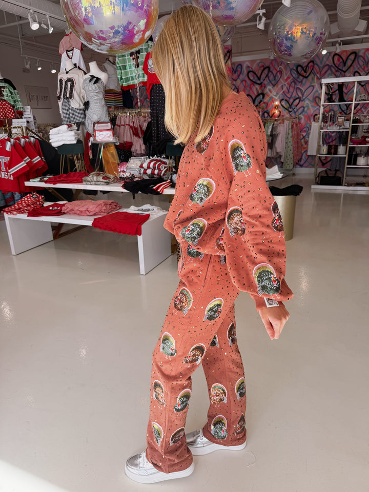 QOS Rust Rhinestone Turkey Sweatshirt