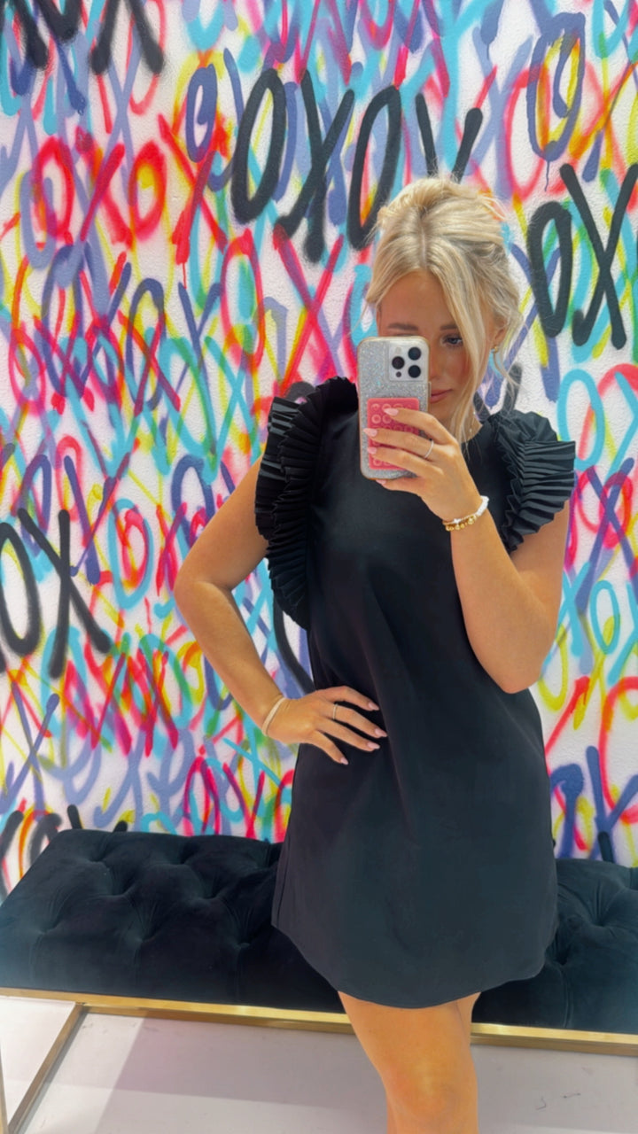 Black Pleated Shoulder Mini Dress