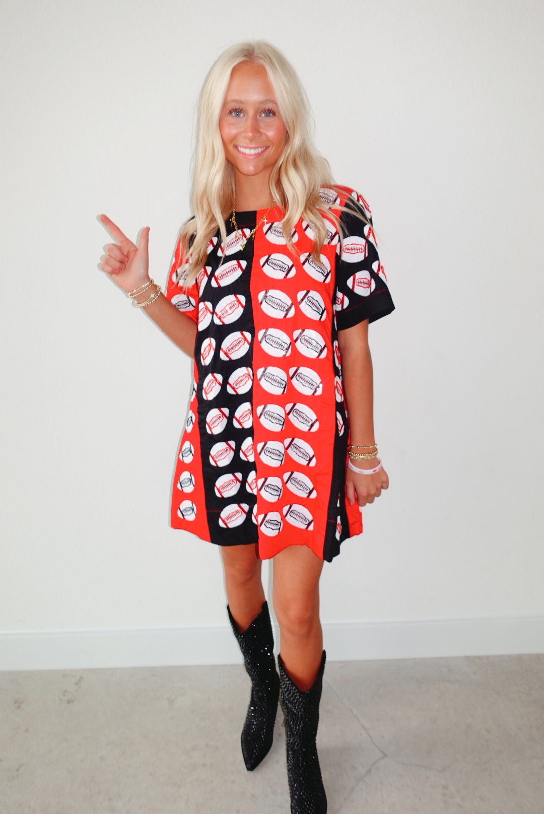 QOS Red & Black Colorblock Football Short Sleeve Dress