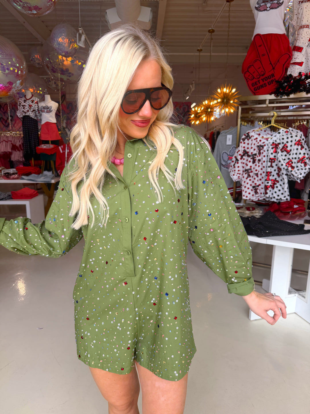QOS Olive Multi Rhinestone Button Up Romper