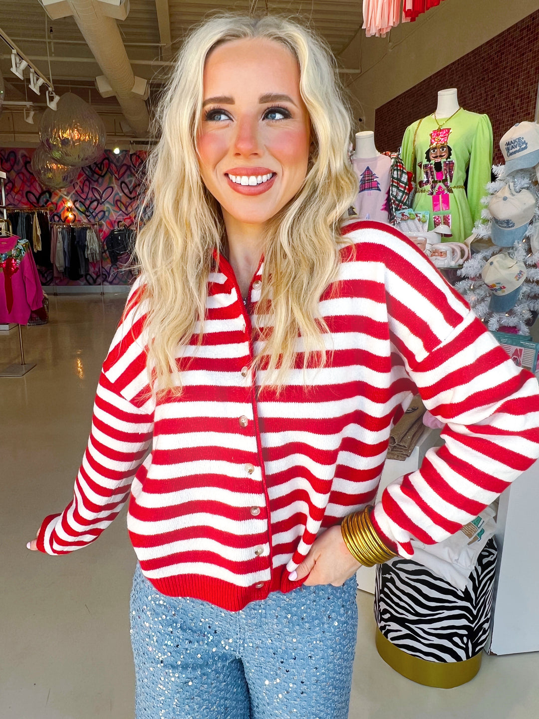 Red and White Striped Button Up