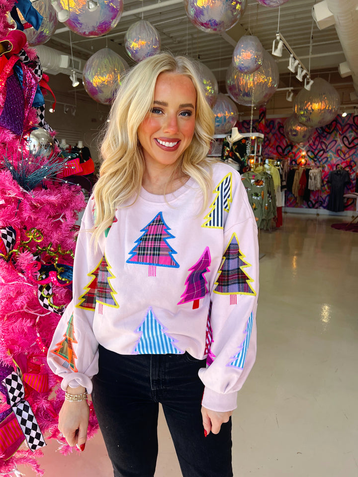 QOS Light Pink Multi Plaid & Stripe Christmas Tree Sweatshirt