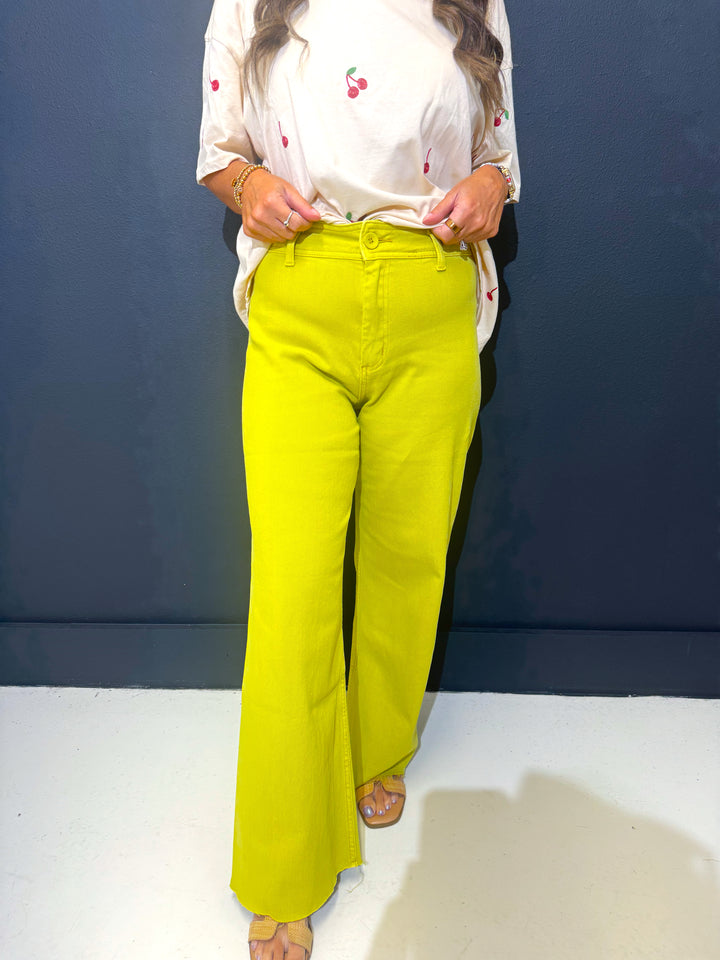 Lime Squeeze Straight Wide Leg Denim Pants