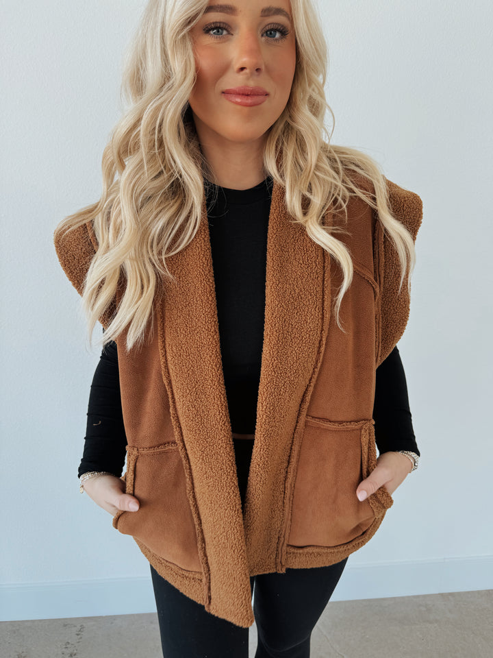 Camel Suede Oversized Open Vest