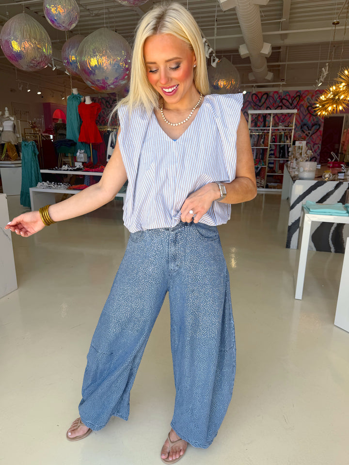 QOS Denim Rhinestone Barrel Jeans