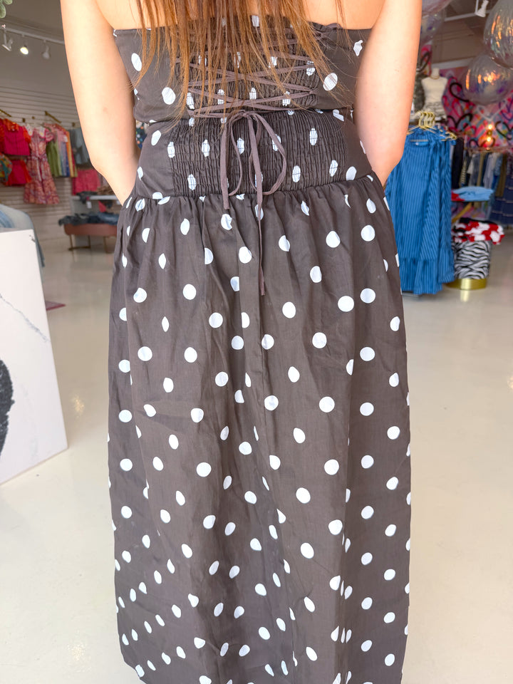 Brown and Blue Polkadot Midi Dress