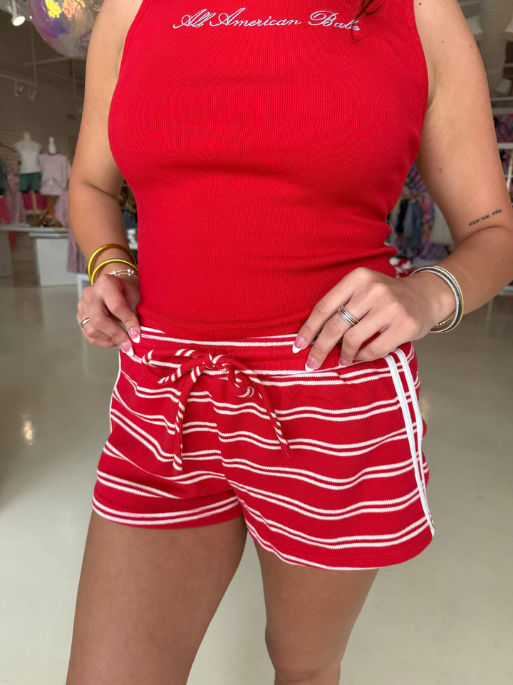 Red and White Striped Knit Shorts