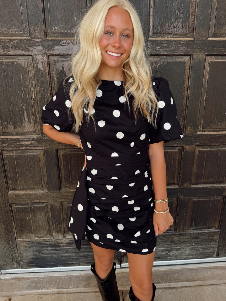 Black Polka Dot Ruched Puff Sleeve Mini Dress