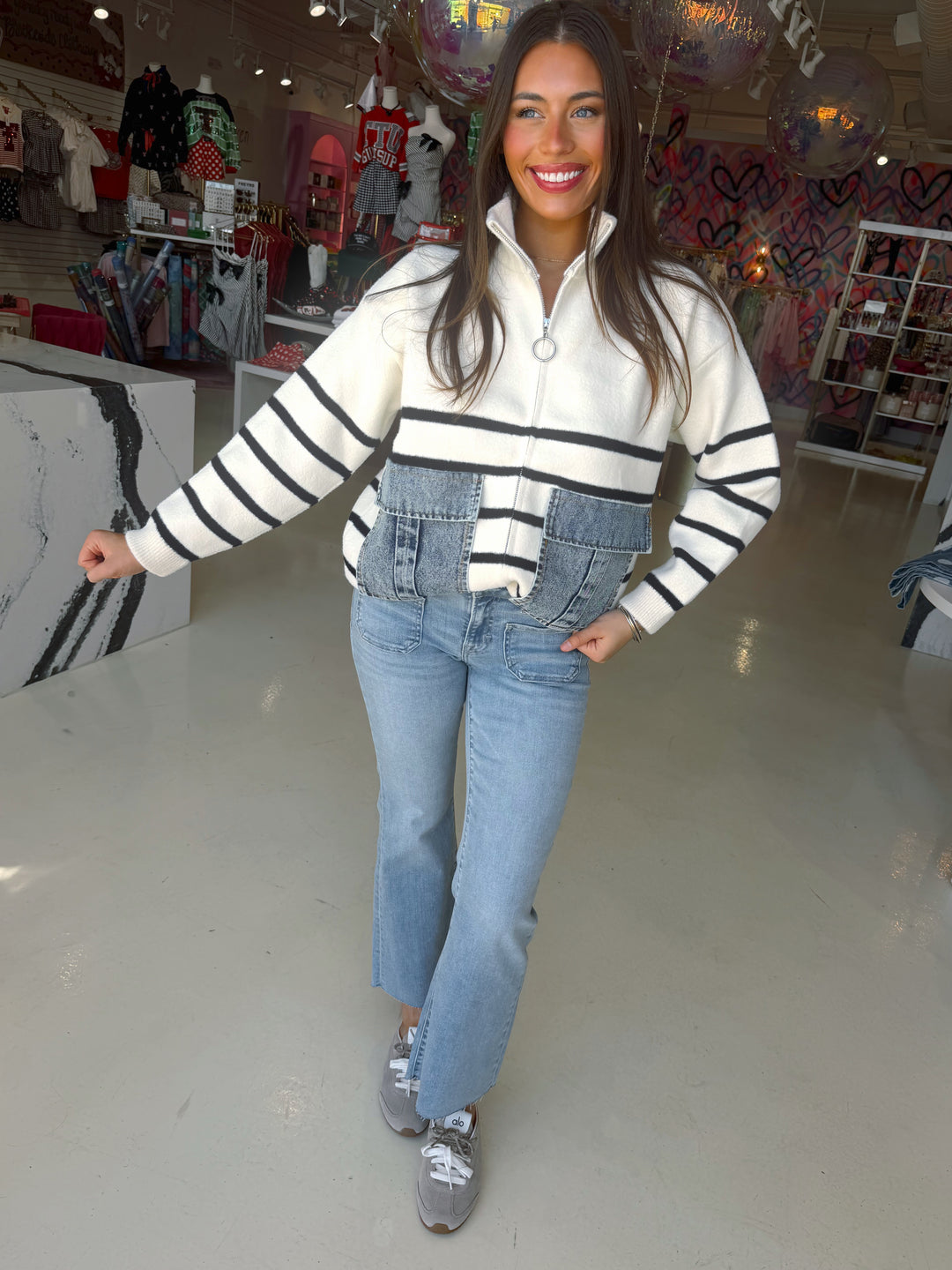 Cream & Black Stripe Denim Sweater Jacket