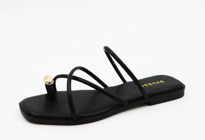 Black Crisscross Strap Ring Toe Flat Beach Sandals