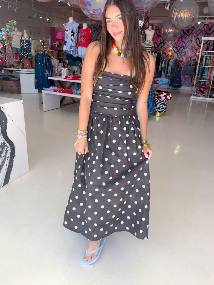 Brown and Blue Polkadot Midi Dress