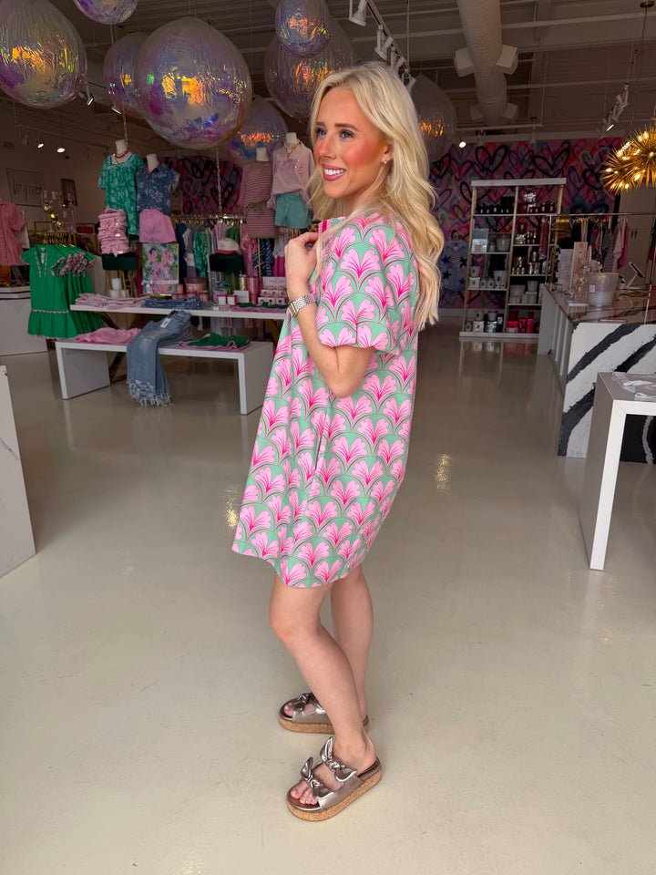 Pink and Green Floral Puff Sleeve Mini Dress