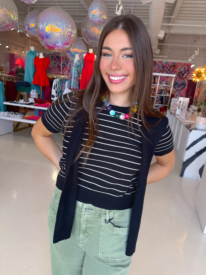 Black and White Striped Sweater Over The Shoulder Top