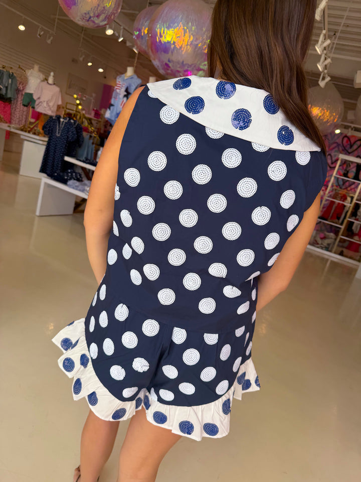 QOS Navy & White Polka Dot Collard Tank