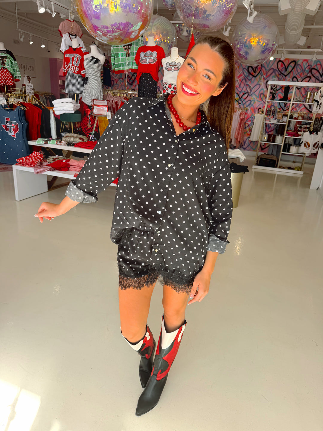 Black Polkadot Lace Short & Oversized Shirt Set