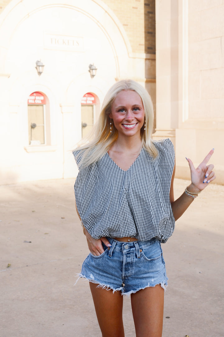 Black Checkered Poplin Bubble Top
