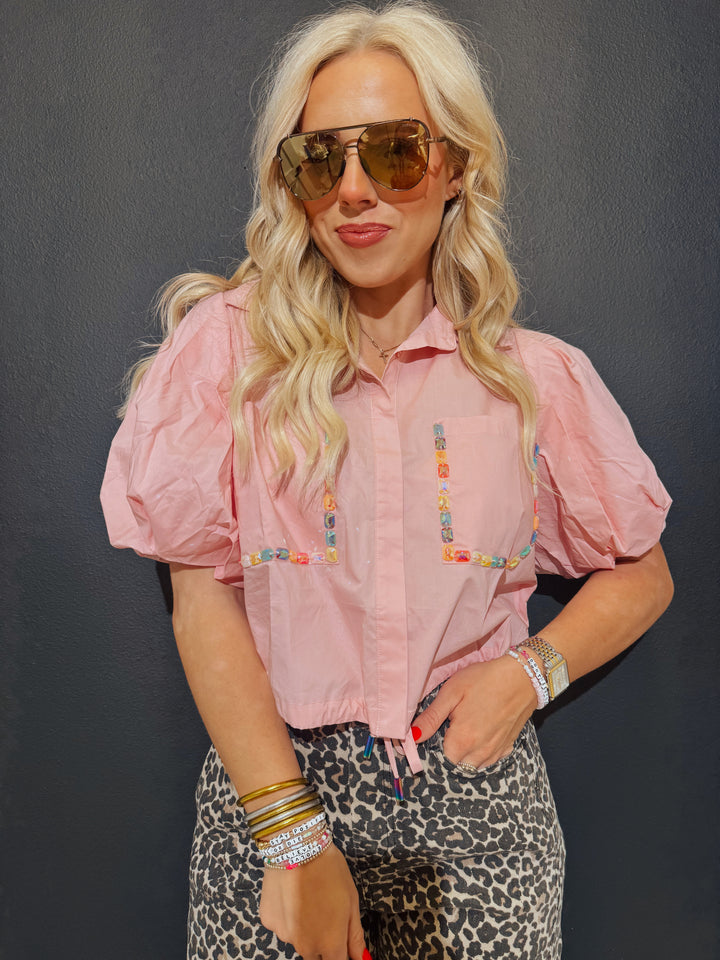 QOS Light Pink Multi Jewel Pocket Cotton Bubble Sleeve Top