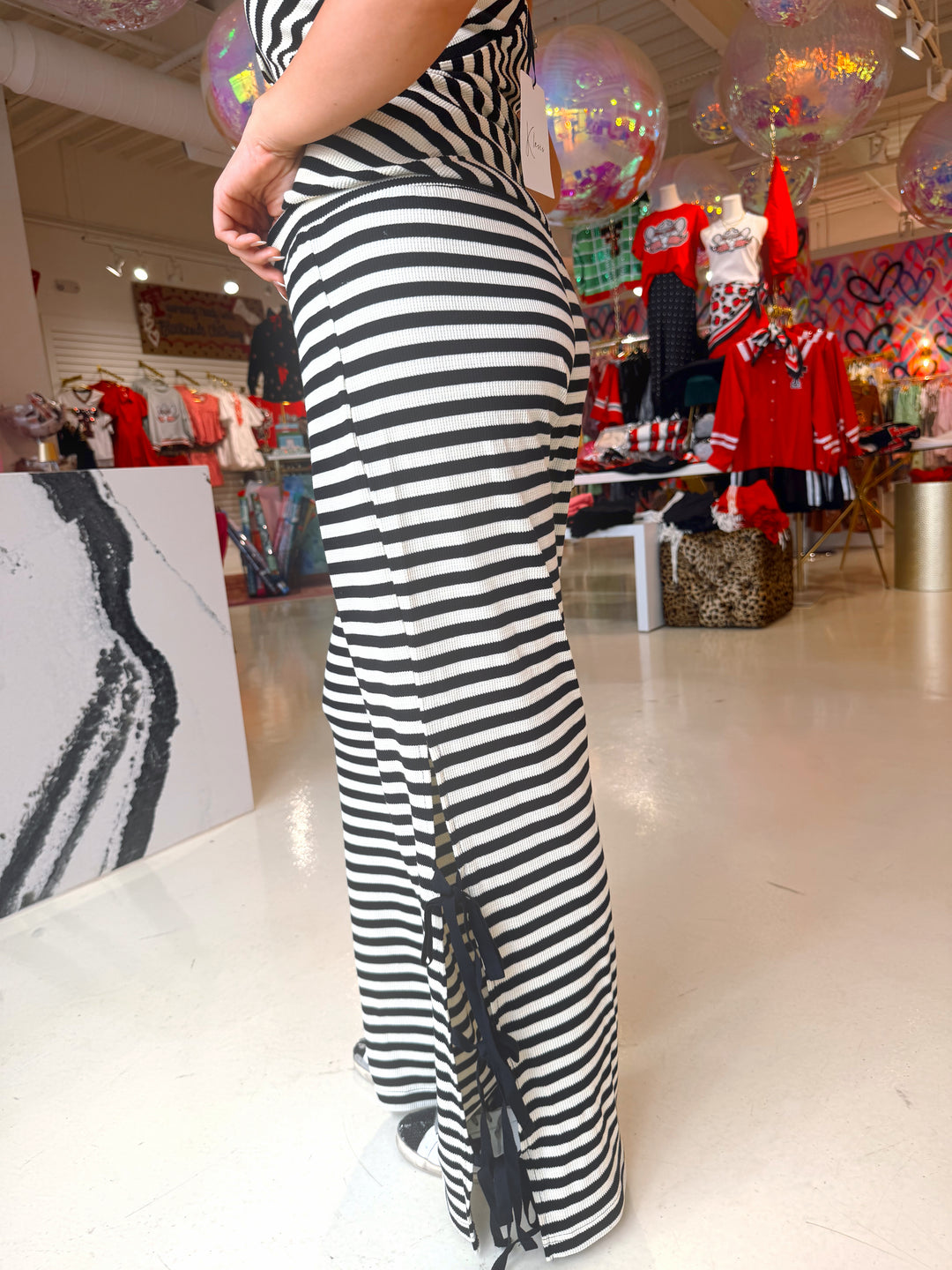 Cream & Black Striped Tube Top and Bow Pants